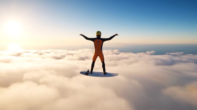 Man in wingsuit flying above clouds at sunset.