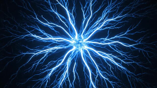 Abstract blue energy network expanding from center, like neural network or lightning