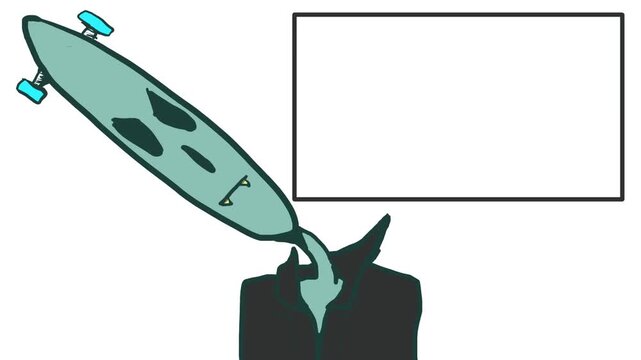 A human zombie, or vampire, or similar monster, is telling something with its head tilted to the side.