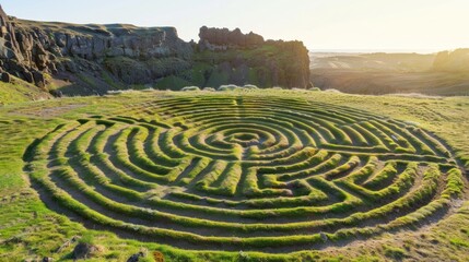 Green Circular Maze on Rolling Hills in Natural Landscape at Sunset
