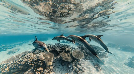 Group of Dolphins Swimming Over Coral Reef in Clear Blue Ocean Underwater Scene
