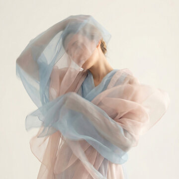 graceful woman swathed in translucent pastel layers, captured in fluid motion. Soft, dreamlike imagery conveys elegance, fragility, and artistic expression as fabric swirls around the dancer.