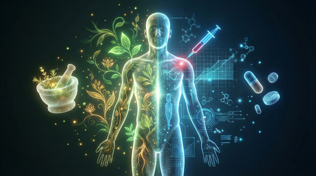 Ayurveda vs. Digital Medical Science Illustration: striking split-view figure shows one side muscular and organic, other highlighted in blue digital HUD elements. Surrounded by herbs, mortar. health