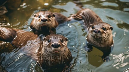Group of Otters Swimming in Water with Bright Reflection and Natural Lighting