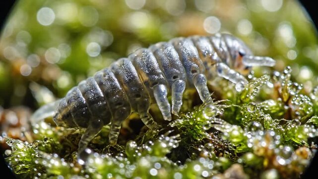 Close up of a small isopod crustacean on a vibrant mossy surface in macro detail.