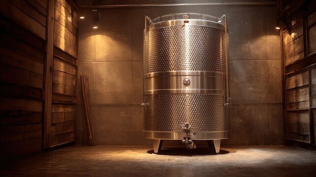fermenter. Large stainless steel fermenter in a dimly lit wine cellar. bar promotions, beverage menus, designed for food & beverage menus and cafe branding, elevates brand perception.