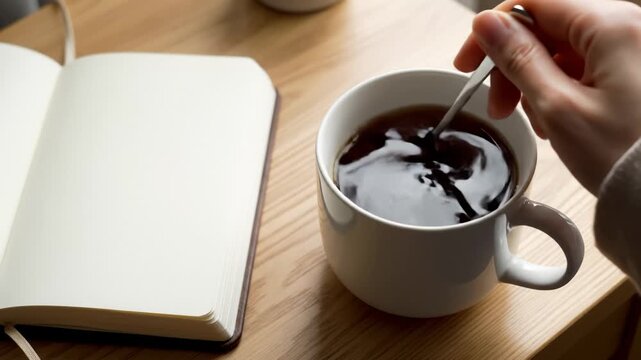 Person Stirring Coffee in Mug With Open Notebook on Wooden Table