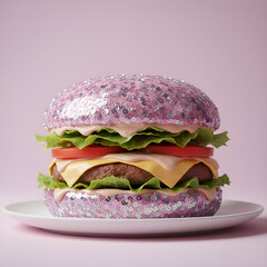 Colorful and playful cheeseburger covered in pink glitter sparkles against a soft pastel background.

