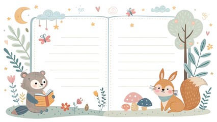 Whimsical Children's Book Page Border with Cute Animals Reading and Nature Elements, Soft Pastel Colors, Ideal for Storytelling