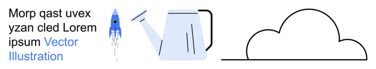 Space exploration, agriculture, education, innovation, growth, simplicity. Minimalist rocket, watering can and a cloud in line and color. Space exploration and agriculture
