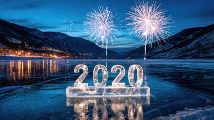 Ice Year 2020 Celebration with Fireworks Over Mountain Lake
