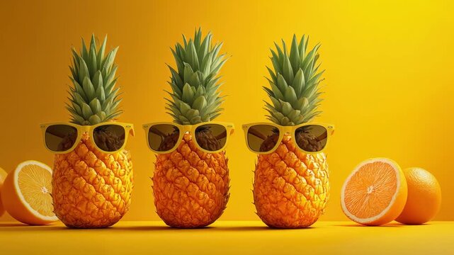 Three pineapples wearing sunglasses against a vibrant yellow background.