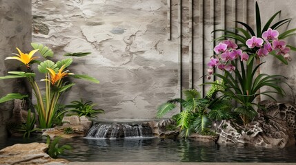 Indoor Water Garden with Vibrant Pink Orchids and Yellow Lilies in Natural Stone Setting