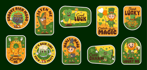 Obraz premium St Patrick Day holiday groovy label stickers and hippie patches with cartoon leprechaun characters. Retro psychedelic St Patrick Day vector stickers of groovy lucky clovers, gold pot and horseshoe