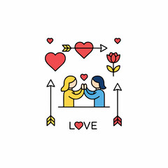 Cute cartoon couple smiling together surrounded by red hearts and flowers celebrating love on Valentine&rsquo;s Day in a fun romantic vector illustration