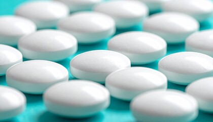 Row of White Pharmaceutical Tablets and Medical Pills on Turquoise Background for Healthcare Branding, Wellness Supplements Marketing, and Pharmacy Advertising