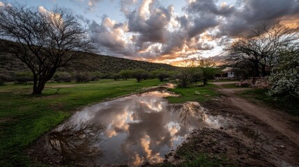 Landscape Scene of Reflective Water Pool Under Dramatic Cloudy Sky During Sunset in Rural Area