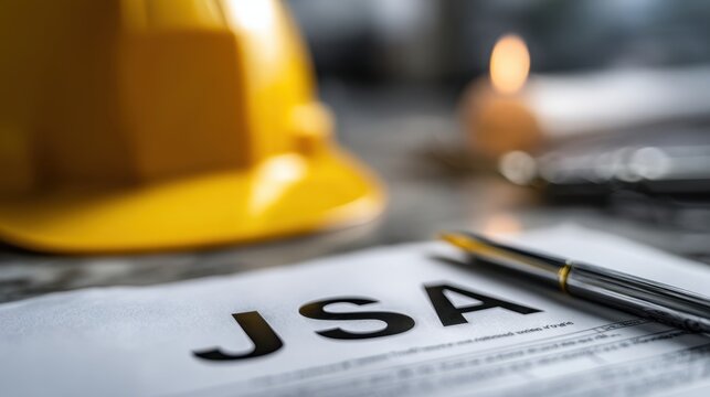 Construction Safety Helmet Hard Hat Yellow Over Construction JSA Documents with Pen