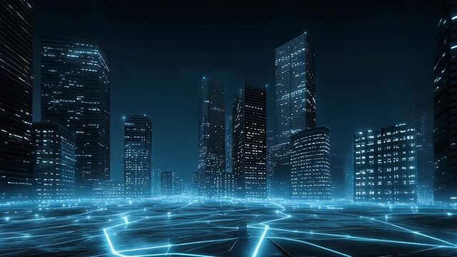 Futuristic city skyline with glowing buildings at night