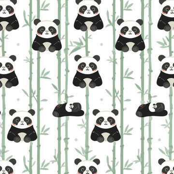 Cute Panda Seamless Pattern Flat Vector Illustration, Cartoon Background
