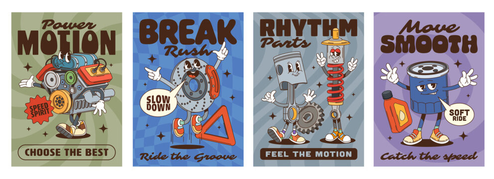 Car spare parts groovy characters retro posters, vector auto service. Cartoon car engine, vehicle piston and suspension spring, retro groovy brakes, auto motor oil and filter characters posters set