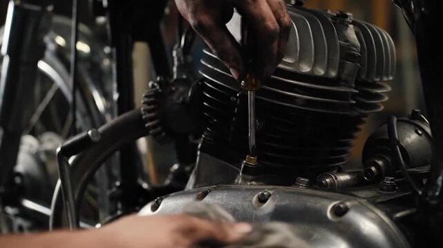 Mechanic Cleaning Motorcycle Engine Close Up.