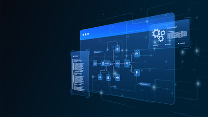 AI workflow automation artificial intelligence. ai agent network diagram dashboard machine learning connecting node user, processing flow, data, coding and automation system.
