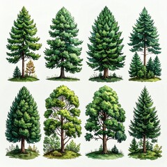 Fototapeta premium Collection of Diverse Trees and Conifers in Watercolor Style.