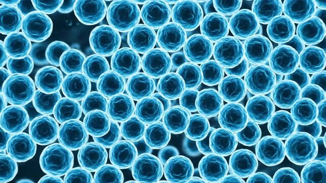 Aerial view of numerous blue spheres arranged closely in a dense pattern on a dark surface