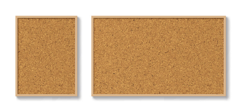Two cork bulletin boards with wooden frames and pin billboards. Realistic cork texture with natural brown granules and rough surface. Vector canvas mockup for school, office and business space