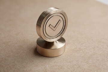 Obraz premium Round metal stamp standing upright on textured paper, featuring a checkmark inside concentric circles with soft side lighting and shadow.