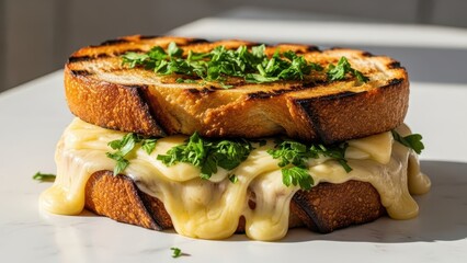Thick Cut Toasted Sourdough Cheese Sandwich Melty Gooey Perfection with Fresh Parsley Garnish
