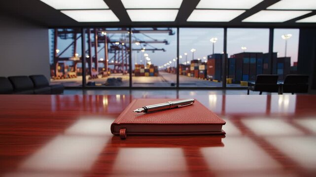 Fountain Pen on Red Notebook on a Desk in Office With Industrial Port View