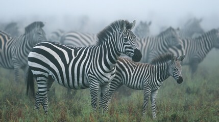 Fototapeta premium A young zebra foal nuzzles its mother within a foggy African grassland herd