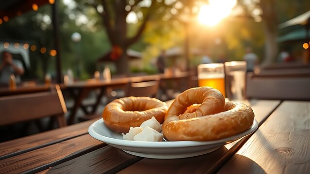 weisswurst. Beer garden table at dawn with weisswurst and pretzel on a white plate. bar promotions, beverage menus, designed for product packaging and bar promotions.