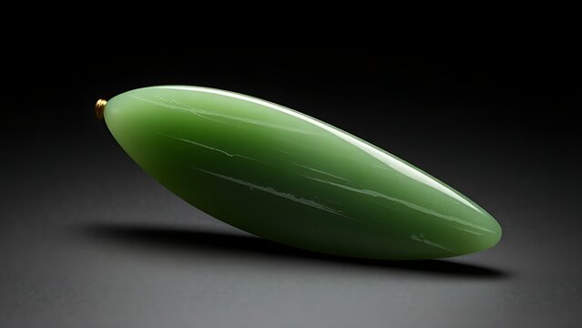 siderite. A slender green jade pendant shaped like a silique on a dark background. event programs, museum guides, designed for cultural heritage projects and event programs, used by fitness trainers.