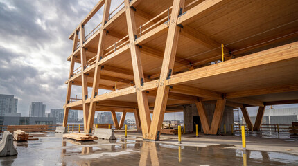 Obraz premium Eco-friendly mass timber building structure featuring strong glulam wood beams and columns under construction. Modern architecture and sustainable design elements