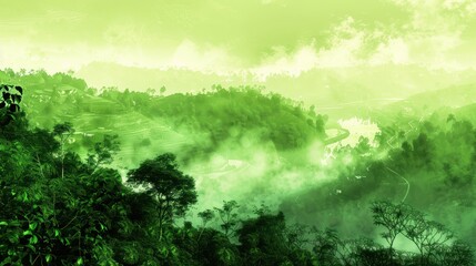 Lush Green Forest Landscape with Misty Hilly Terrain and Winding Roads in Natural Setting