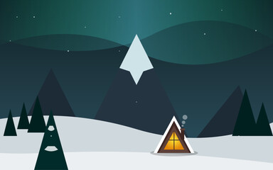 Fototapeta premium Snowy Forest Mountains Tent Campfire Night Teal Minimalist Flat Vector Illustration Winter Camping Landscape Design