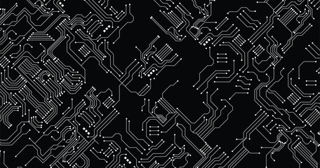 Abstract futuristic circuit board Illustration. White lines and dots on black background. Vector circuit board concept for technology background