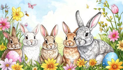 Fototapeta premium Adorable Easter Bunnies in a Spring Meadow with Colorful Flowers and Eggs.