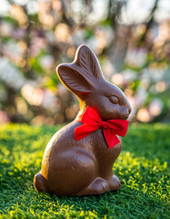 Chocolate Easter bunny with red ribbon on grass
