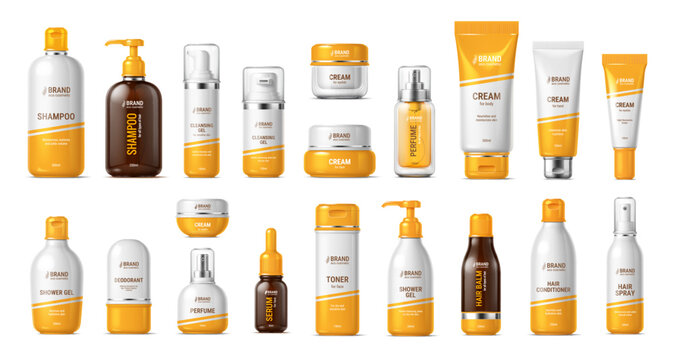 3d cosmetic product bottles mockup. Shampoo, shower gel, cleansing gel, face or body cream tube, perfume spray, skincare, toner, hair balm and conditioner, serum with dropper cosmetics product package