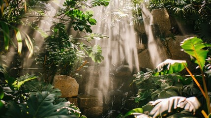 Lush Green Indoor Waterfall Surrounded by Tropical Plants in Bright Natural Light