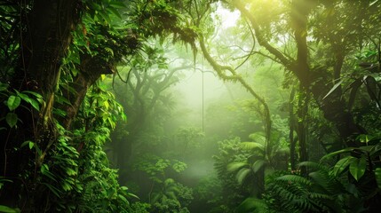 Lush Green Jungle Forest with Dense Foliage and Misty Atmosphere