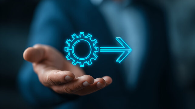 Hand Holding Single Glowing Gear Icon With Arrow Pointing Forward Direction 
