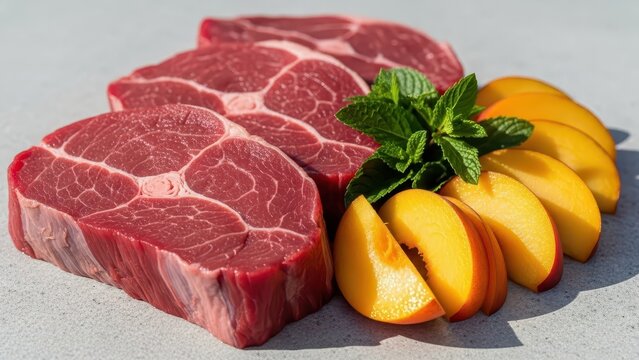 Raw Bison Steaks Freshly Prepared with Peaches and Mint