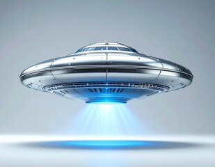 Sleek Silver UFO Hovering with Bright Blue Light Beam.