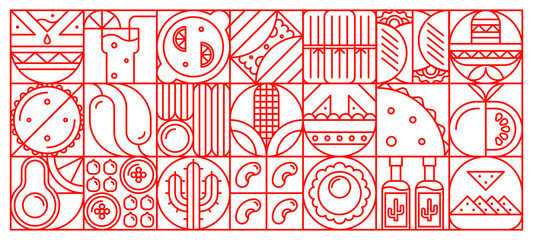 Mexican cuisine geometric pattern with abstract tacos, corn, and spicy elements with bold geometric forms. Vector cover for restaurant menus, food backgrounds, and traditional Mexican graphics © Buch&Bee