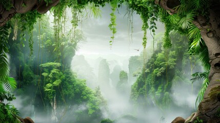 Lush Green Jungle View with Misty Atmosphere in Tropical Forest